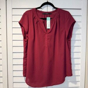 Fun2Fun Walden V-Neck Blouse Fuchsia Wine Red Cap Sleeve Pleated Top XL New